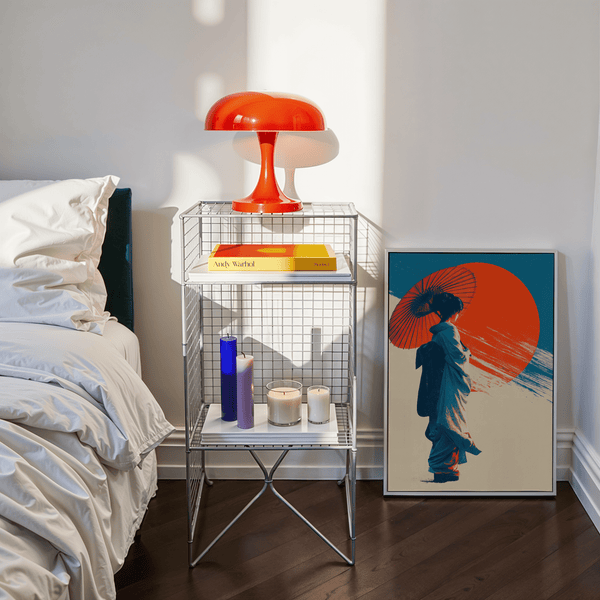 Japanese Geisha Pop Art wall art in Blue, Red, and Beige perfect for hallway decor