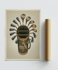 Clean layout sports wall art poster with a golf bag and club heads labeled with numbers