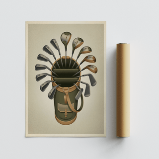 Clean layout sports wall art poster with a golf bag and club heads labeled with numbers