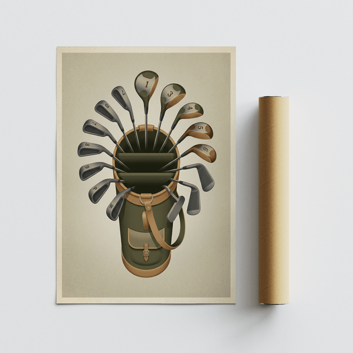 Clean layout sports wall art poster with a golf bag and club heads labeled with numbers
