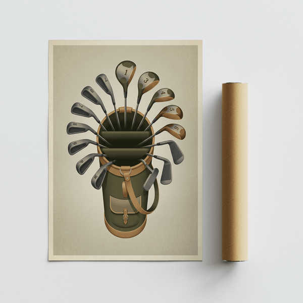 Clean layout sports wall art poster with a golf bag and club heads labeled with numbers