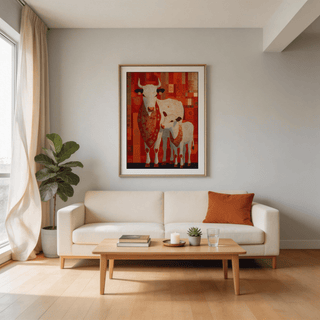 Detailed view of geometric squares in Orange, Red, Beige, Blue, Gold