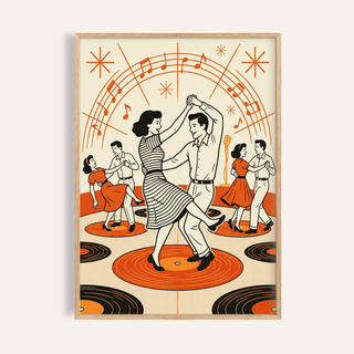 Center couple dancing poster with vinyl records and music notes