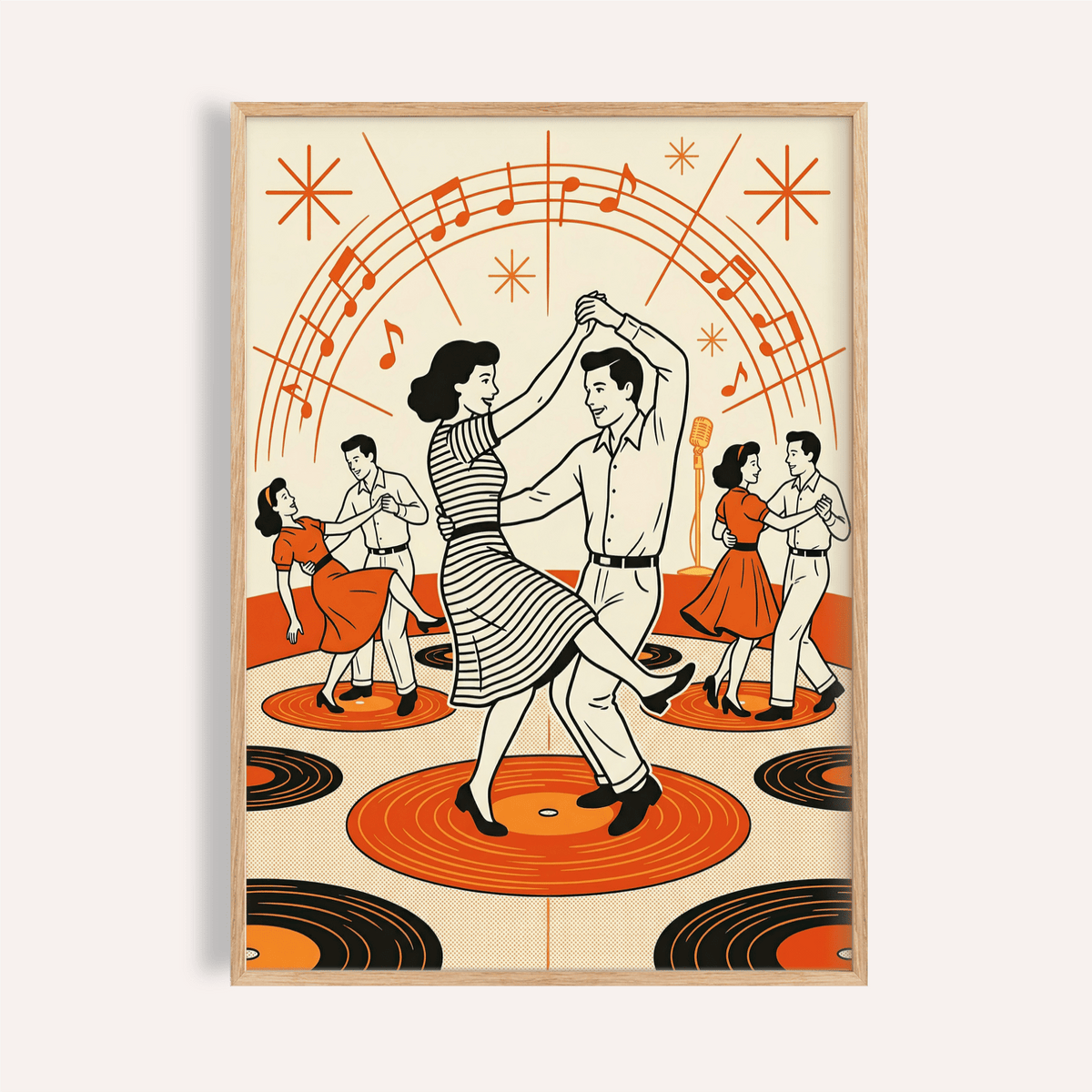 Center couple dancing poster with vinyl records and music notes