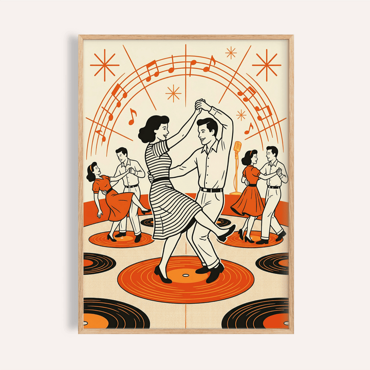 Center couple dancing poster with vinyl records and music notes