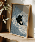 Minimalist Cat In Bed Poster for home office with blue, white, and black details