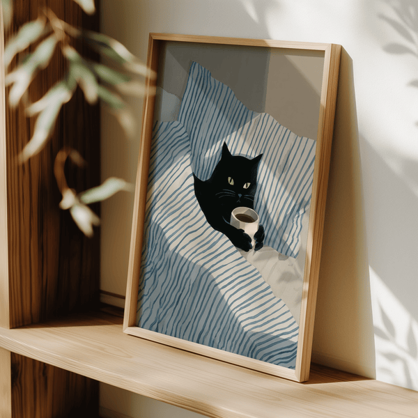 Minimalist Cat In Bed Poster for home office with blue, white, and black details