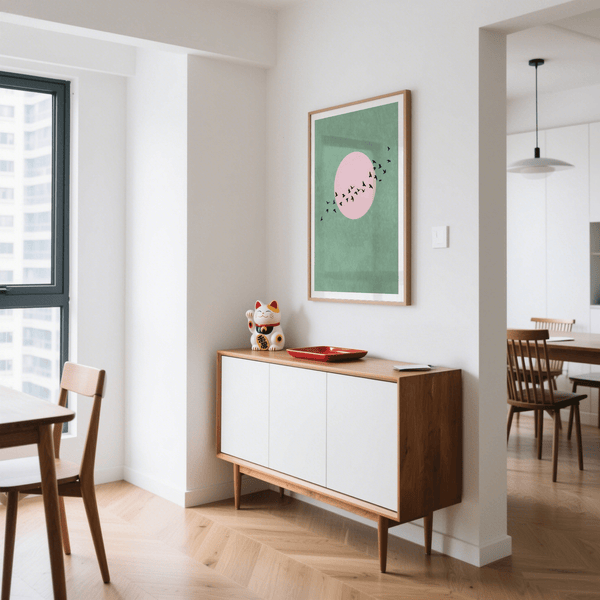 Modern wall art print with bird silhouettes arranged in an arc over circle