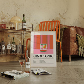 Kitchen art in retro tones with gin and tonic recipe instructions.