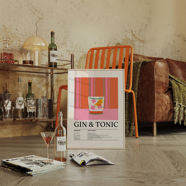 Kitchen art in retro tones with gin and tonic recipe instructions.