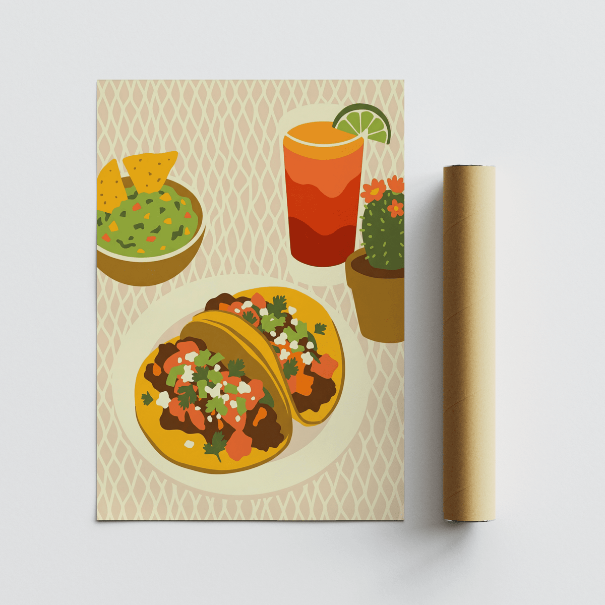 Multicolored Tacos Art Print with beige for home kitchen decor print