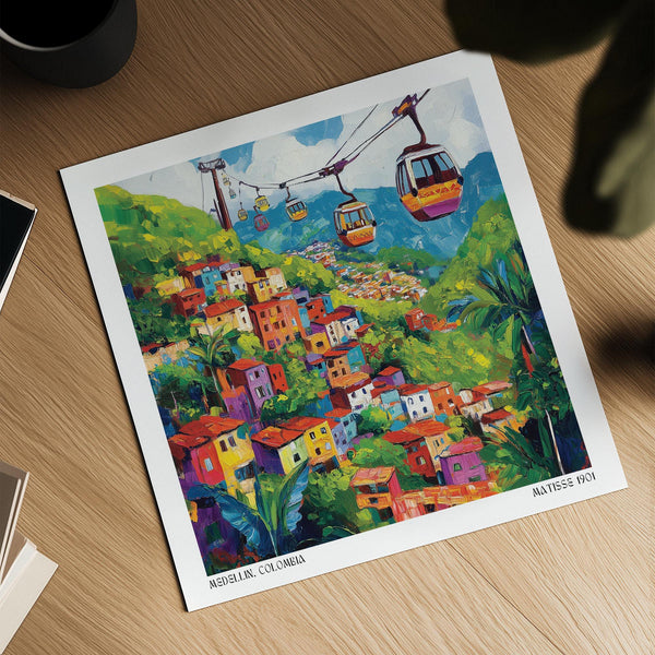 Colombia Wall Art featuring lush green hills and urban color blocks.