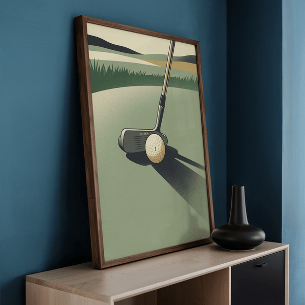 Vintage-style Golf Putter Art Print with simplified landscape and negative space composition