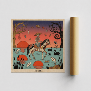 Illustrated wall art print of a skeleton cowboy on horseback with reeds and fish