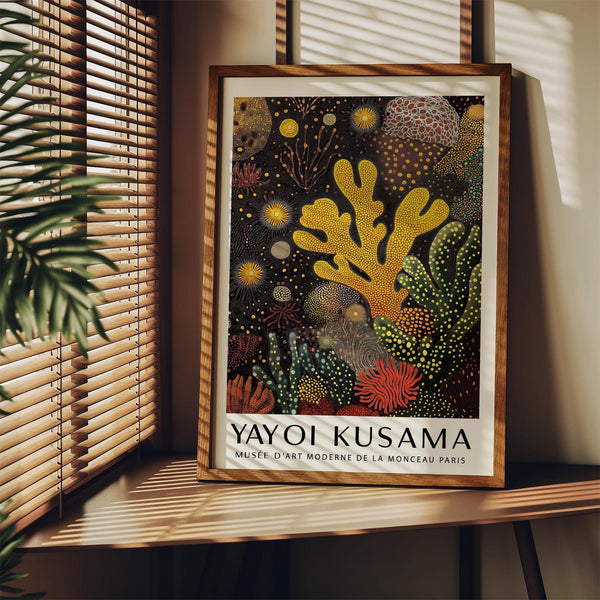 Coral reef painting with starburst shapes and sea flora on dark background.