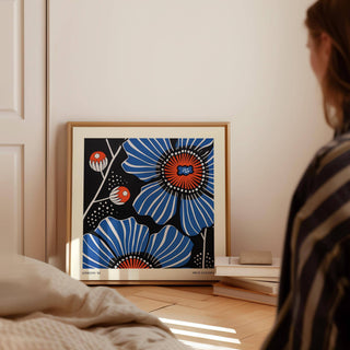 Dramatic black backdrop flowers prints for bold interior design