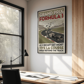 Retro Grand Prix Formula 1 Art Print with bold typography, curved track perspective, and a single-seater car