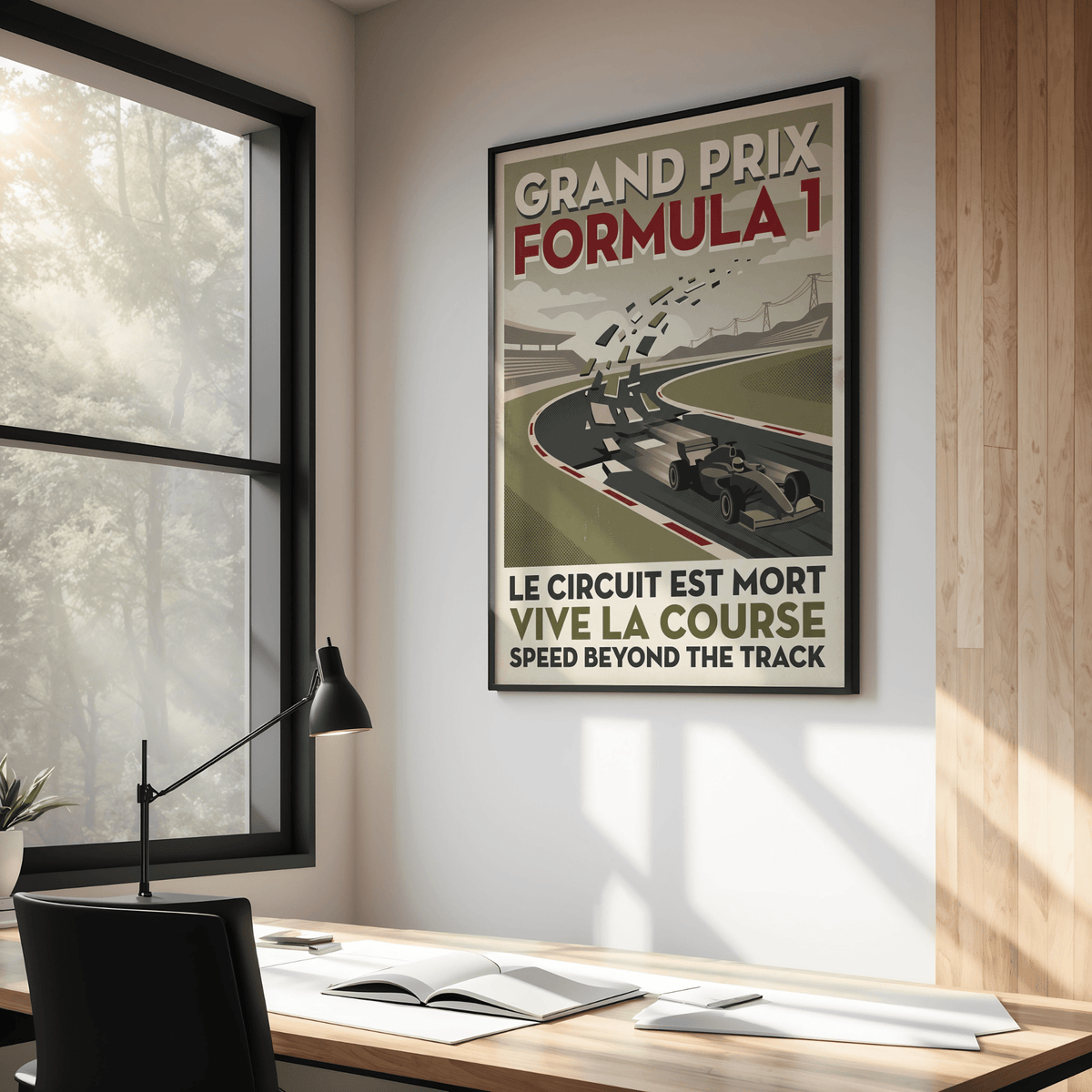 Retro Grand Prix Formula 1 Art Print with bold typography, curved track perspective, and a single-seater car