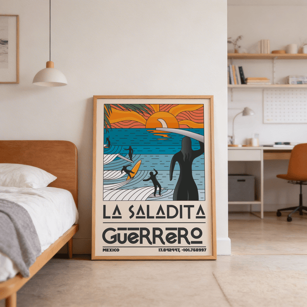 Vintage style beach poster showing setting sun and rolling ocean lines
