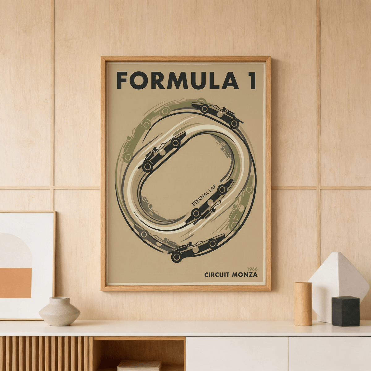 Race track map print showing sweeping Monza circuit and car silhouettes