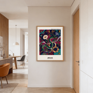 Graphic serpent poster print with layered shapes, spiral emblems, and floral stems