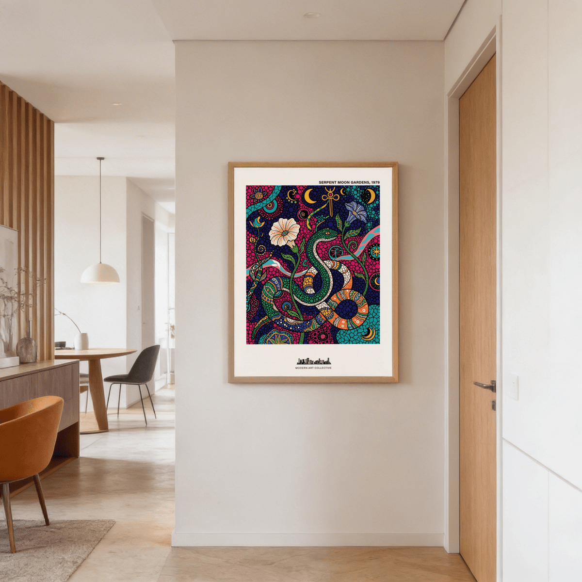 Graphic serpent poster print with layered shapes, spiral emblems, and floral stems
