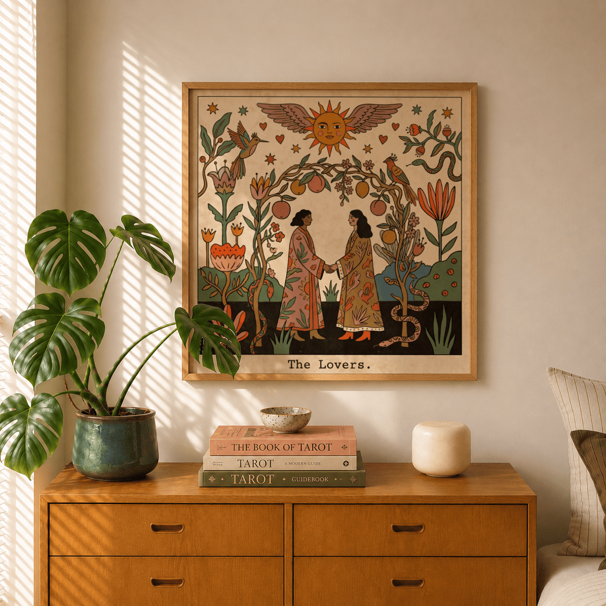 Vintage-style poster of The Lovers tarot card with stars, hearts, and birds above the figures