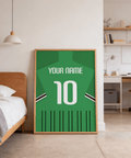 Workspace scene with framed Sassuolo Football Shirt Poster above desk setup