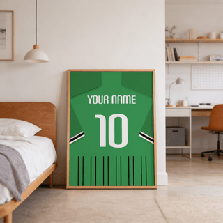 Workspace scene with framed Sassuolo Football Shirt Poster above desk setup
