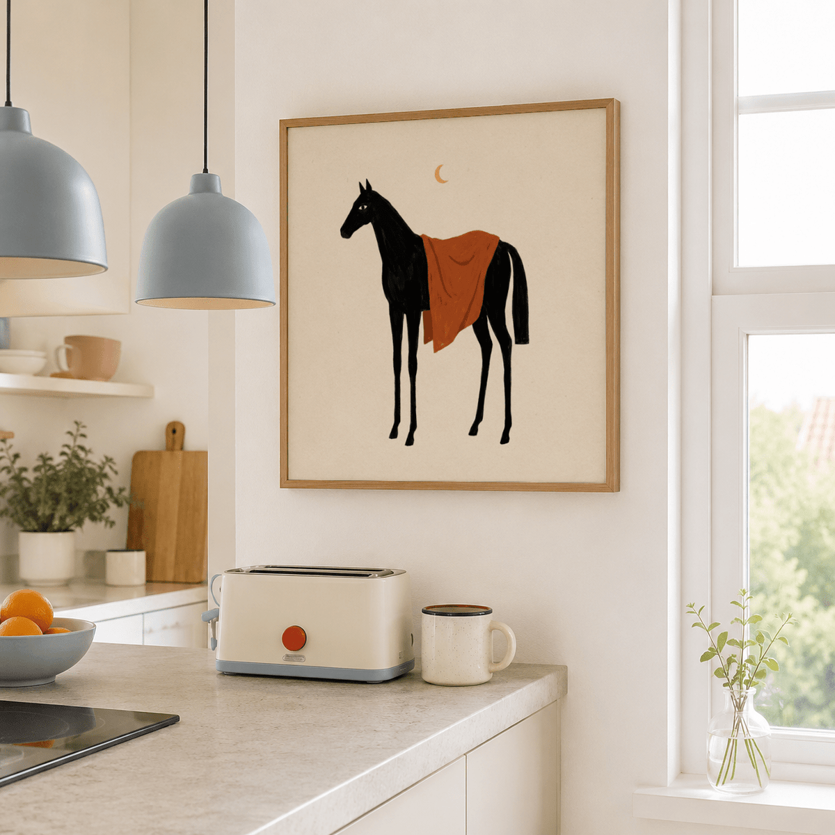 Graphic horse wall art silhouette under a small crescent moon