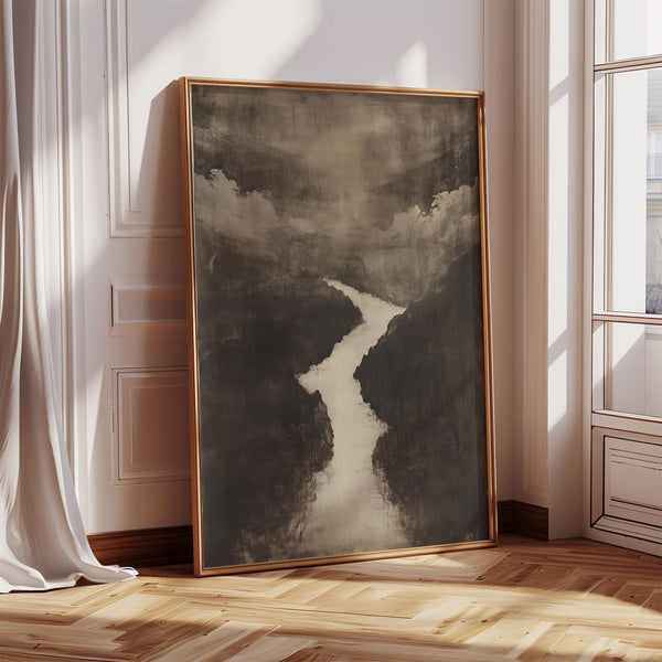 Sumi e art print showing bold river landscape with dark ink wash mountains.