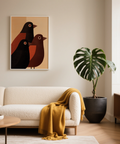Abstract Bird Wall Art print showing stacked birds, round eyes, and curved wings