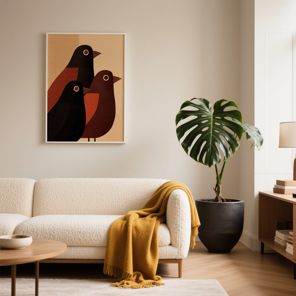 Abstract Bird Wall Art print showing stacked birds, round eyes, and curved wings