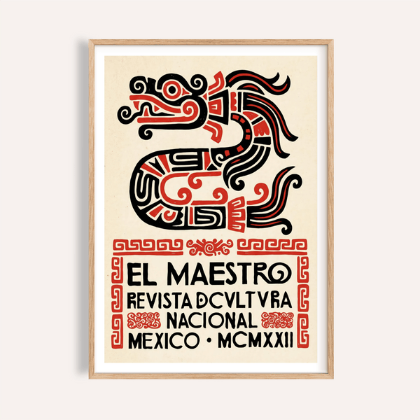 Centered serpent wall art poster with bold black and red motifs and Spanish text