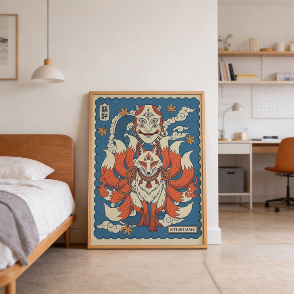 Macro shot of rope collar and tassels beneath stylized fox face