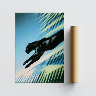 Angled frond pattern wall art poster with a running panther silhouette