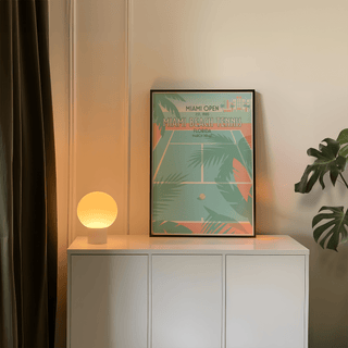Close-up of Miami Beach Tennis Print wall art highlighting bold headline text and date details