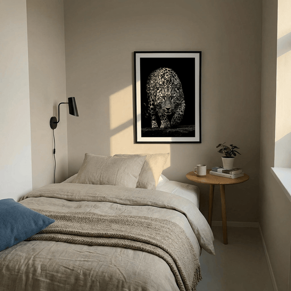 Black Leopard Wall Art poster featuring a stalking leopard in high-contrast black and white