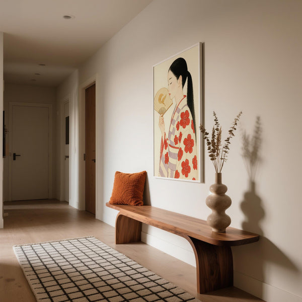 Elegant portrait of a Japanese woman in floral kimono, a Modern Japanese Art piece.