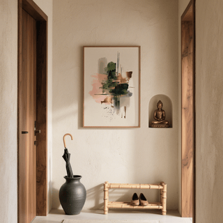 Feminine Pink and Green Print wall art for dressing room, highlighted by Beige and Gold elements.