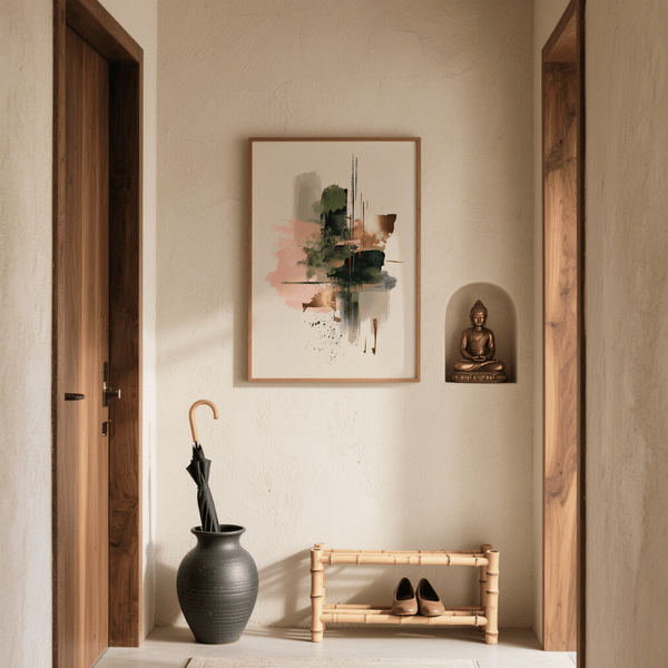 Feminine Pink and Green Print wall art for dressing room, highlighted by Beige and Gold elements.