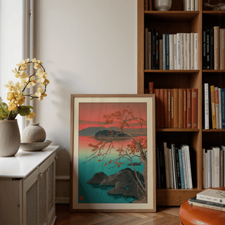 Wide composition of twilight lakeside scene in shin hanga style poster
