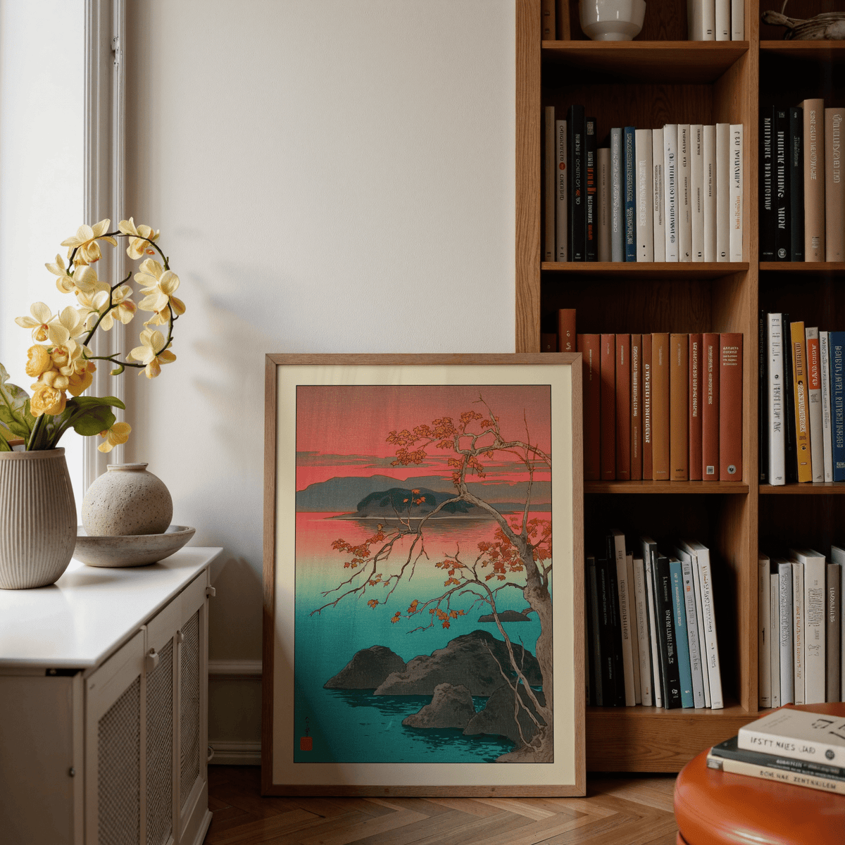 Wide composition of twilight lakeside scene in shin hanga style poster