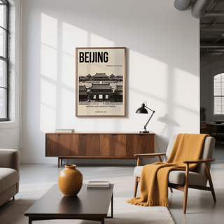 Documentary-style wall art print with layered palace rooftops and strong perspective lines