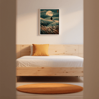 Minimal horizon landscape wall art with torii gate, moon disc, and clouds