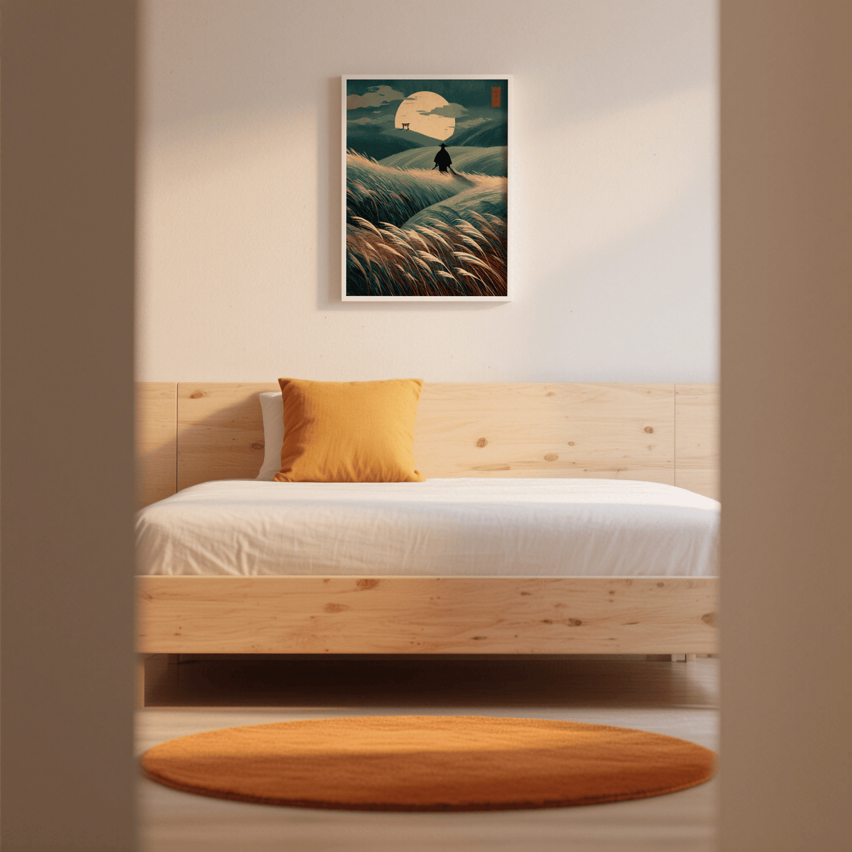 Minimal horizon landscape wall art with torii gate, moon disc, and clouds