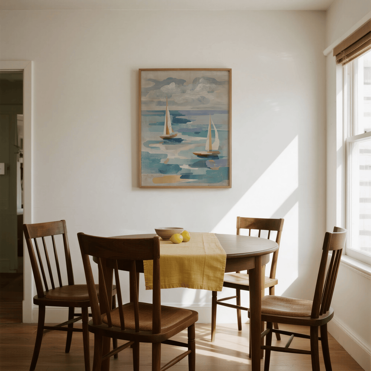 Beige and white Sailboat Water Art print for hallway decoration