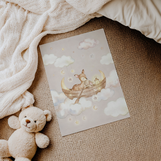 Gentle nursery poster with clouds, dangling moons, and a small boat carrying a deer and bunny