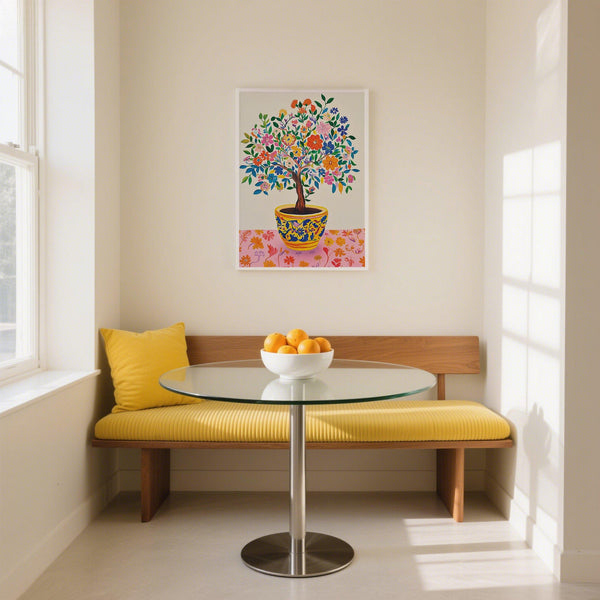 Tree of Life Wall Art with orange, yellow, and blue blossoms.