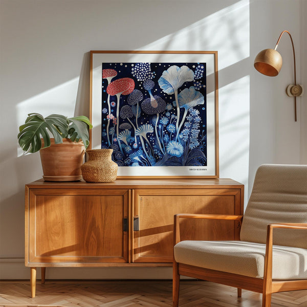 Graphic floral forms with dots in Red and Blue Wall Art composition